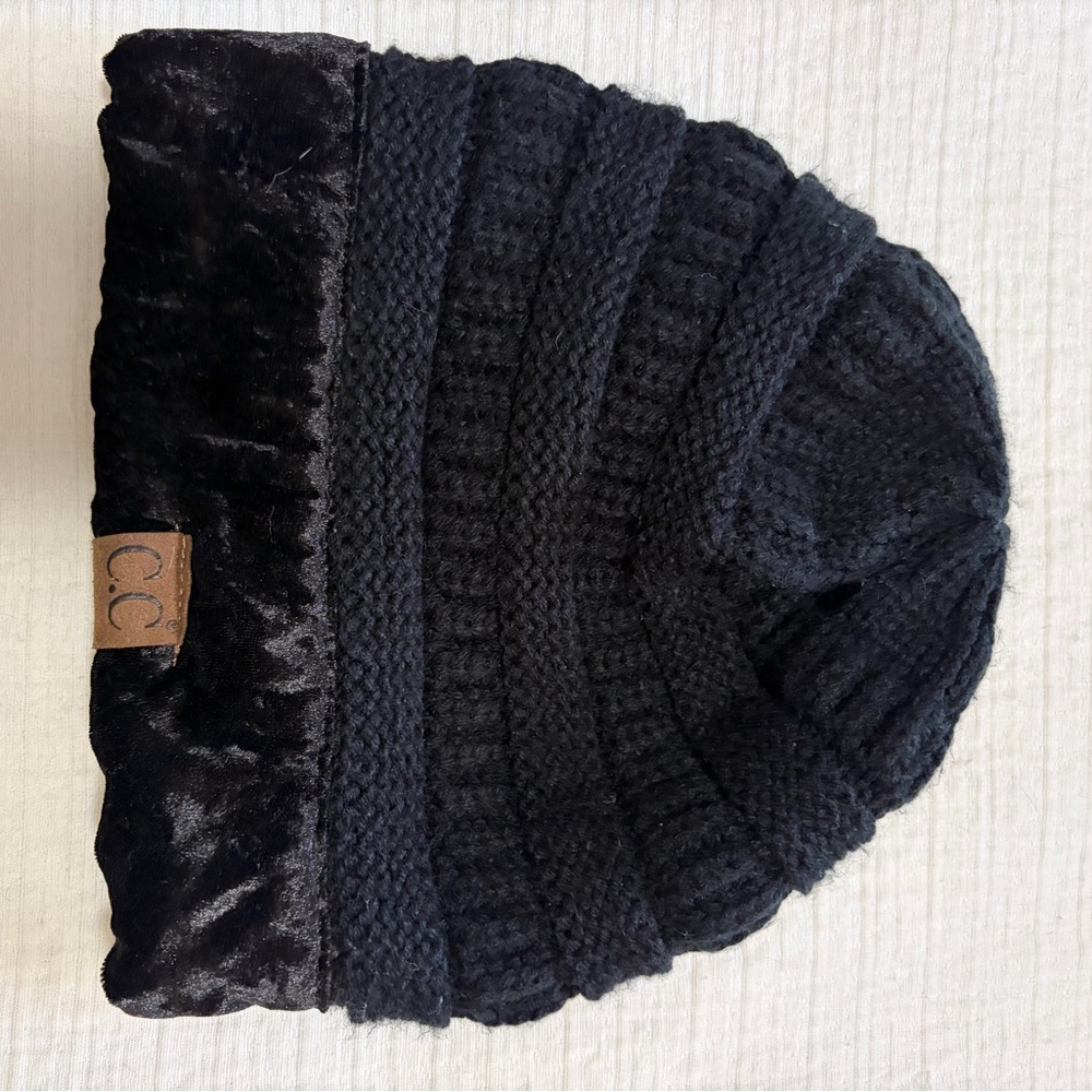 C.C Black Knit Beanie Beanie with Velvet detail
